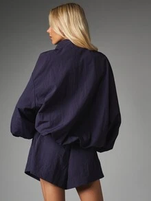 MISSGUIDED Oversized Half-Zip Pullover Jacket With Cargo Pockets, Balloon Sleeves, Elastic Cuffs And Mock Neck And Shorts - Fall Winter Essential Set - Navy Blue - View 2