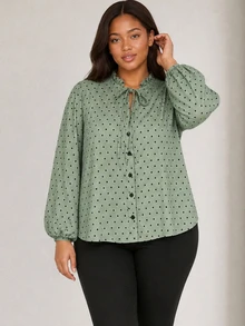 ELLERISSA Plus Size Green Dobby Spot Ruffle Neck Tie Balloon Sleeve Button Front Blouse Fall - Green - View 3
