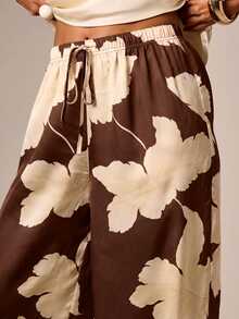 AiiRZ Wide Leg Floral Print Palazzo Pants With Elasticated Drawstring Waist Large Bloom Satin Finish Pull On Trousers Spring Summer - Brown - View 3