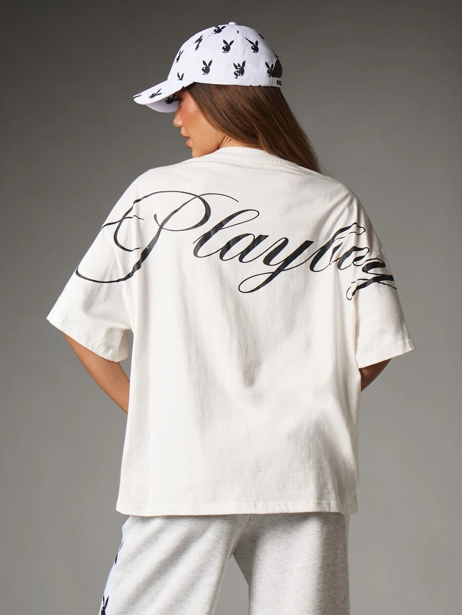 Missguided x Playboy Oversized Crew Neck Short Sleeve T-Shirt With Cursive Script Back Print Summer Casual Streetwear Style - Black - View 1