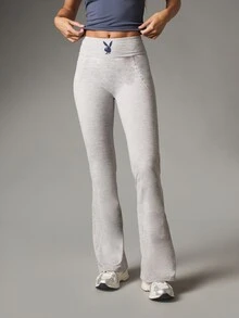 Missguided x Playboy Bunny Logo High Rise Flared Leggings With Waistband Branding And Bum Print Full Length Flare Pants - Light Grey - View 3
