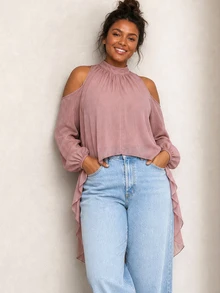 ELLERISSA Plus Size Dusty Pink Mock Neck Cold Shoulder Long Sleeve High Low Chiffon Blouse Fall - Dusty Pink - View 5