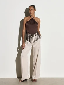 KSTM Atasan Crop Top Satin Model Halter Neck dengan Detail Rumbai Makrame di Bagian Bawah, Tali Silang, Desain Tanpa Punggung, Cocok untuk Pesta Malam Musim Panas - Coffee Brown - View 3