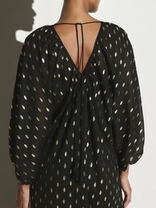KSTM Gold Foil Dot Print Chiffon Dress With V-Neck Puff Sleeve Tie Back Detail Holiday Evening Occasion Kaftan Gown - Black - View 6