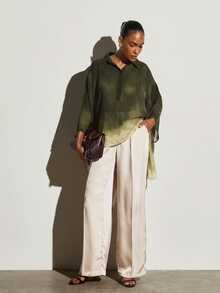KSTM Oversized Sheer Chiffon Cape Blouse With Ombre Watercolor Dip Dye Print Collar Neck Batwing Sleeves Asymmetric Hem - Green - View 3