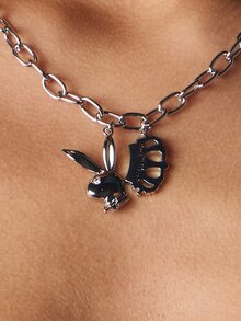 Missguided x Playboy Bunny Charm Chain Necklace With Logo Pendant Statement Chunky Link Collar Holiday Gift Jewelry - Silver - View 4