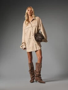 MISSGUIDED Jaket model shacket ukuran besar berbahan suede imitasi dengan detail lubang kancing logam perak, saku tempel di bagian depan, dan manset lebar. Cocok untuk musim gugur dan musim dingin. - Khaki - View 3