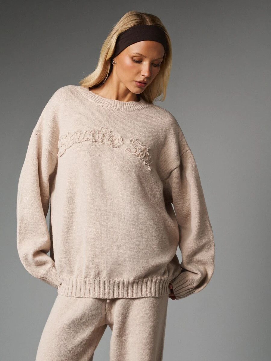 MISSGUIDED Oversized Crew Neck Sweater Knit Pullover With Tonal Chest Embroidery Script Detail And Ribbed Hem For Fall Winter - Volcanic Gray - View 1