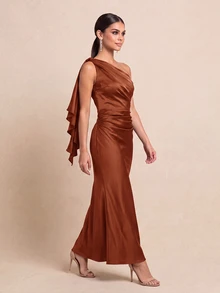 QUIZ One Shoulder Draped Ruffle Detail Bodycon Midaxi Dress - Rust Brown - View 3
