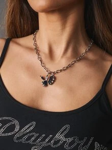 Missguided x Playboy Bunny Charm Chain Necklace With Logo Pendant Statement Chunky Link Collar Holiday Gift Jewelry - Silver - View 2
