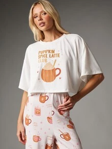 MISSGUIDED Pumpkin Spice Latte Club Crop Tee And Wide Leg Lounge Pants Co-Ord Set Fall Autumn Cozy Pajama Two-Piece - White - View 2