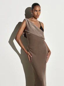 KSTM Satin Dress With Asymmetric Cowl Drape One-Shoulder Sleeveless Mermaid Silhouette Floor-Length Formal Evening Gown Wedding Guest Party - Mocha Brown - View 4