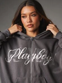 Missguided x Playboy Full-Zip Oversized Sweatshirt With Rhinestone Script Logo Front Print Centre Pocket Washed Charcoal Fleece - Grey - View 2