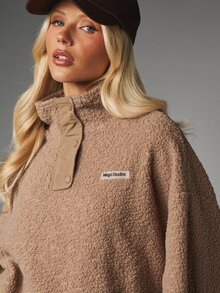 MISSGUIDED Oversized Sherpa Fleece Pullover Sweatshirt With Snap Button High Neck And Long Sleeves Fall Winter Essential - Khaki - View 4