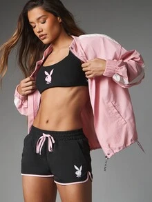 Missguided x Playboy Bunny Logo Sports Bra With Cross Back Strappy Design And Pink Graphic Print For Summer Gym Active Wear - Black - View 5