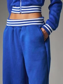 MISSGUIDED Wide Leg Fold-Over Waistband Sweatpants With Striped Contrast Trim Full Length Casual Palazzo Lounge Pants Spring Summer - Blue - View 4