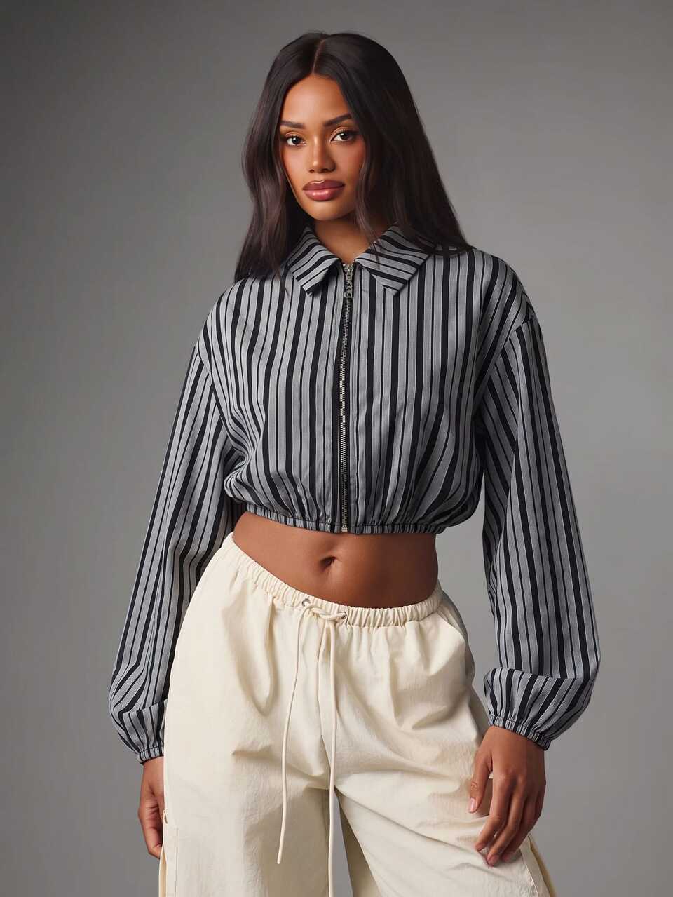 MISSGUIDED Striped Cropped Zip-Up Shirt With Point Collar Balloon Sleeves And Elasticated Hem Perfect For Spring Summer Casual Wear