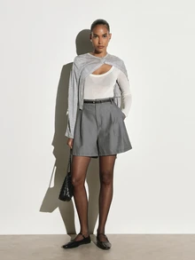 KSTM High Rise Wide Leg Pleated Tailored Shorts With Belt Loops And Side Pockets Smart Casual Summer Style - Grey - View 2