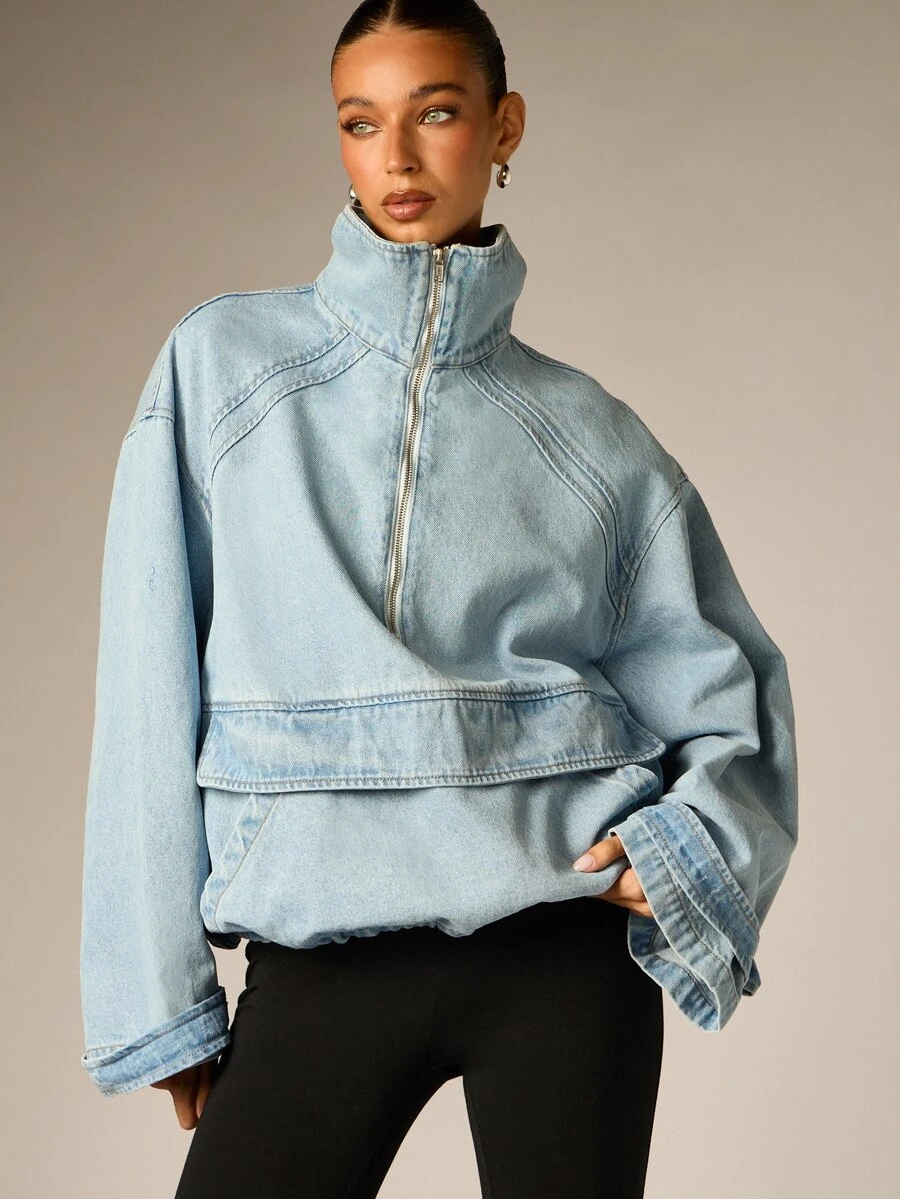 AiiRZ Oversized Denim Half-Zip Jacket With Stand Collar And Drop Shoulder Silhouette Light Wash Vintage Style Fall Winter Outerwear - Blue - View 1