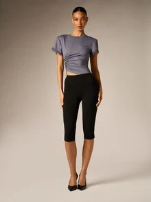 AiiRZ Ruched Front Crop T-Shirt With Lace Trim Sleeves Crew Neck Fitted Short Sleeve Top Summer Essential - Blue - View 3
