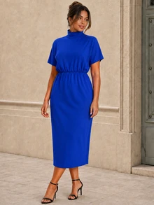 ELLERISSA Plus Size Blue High Neck Short Sleeve Elastic Waist Midi Dress - Blue - View 1