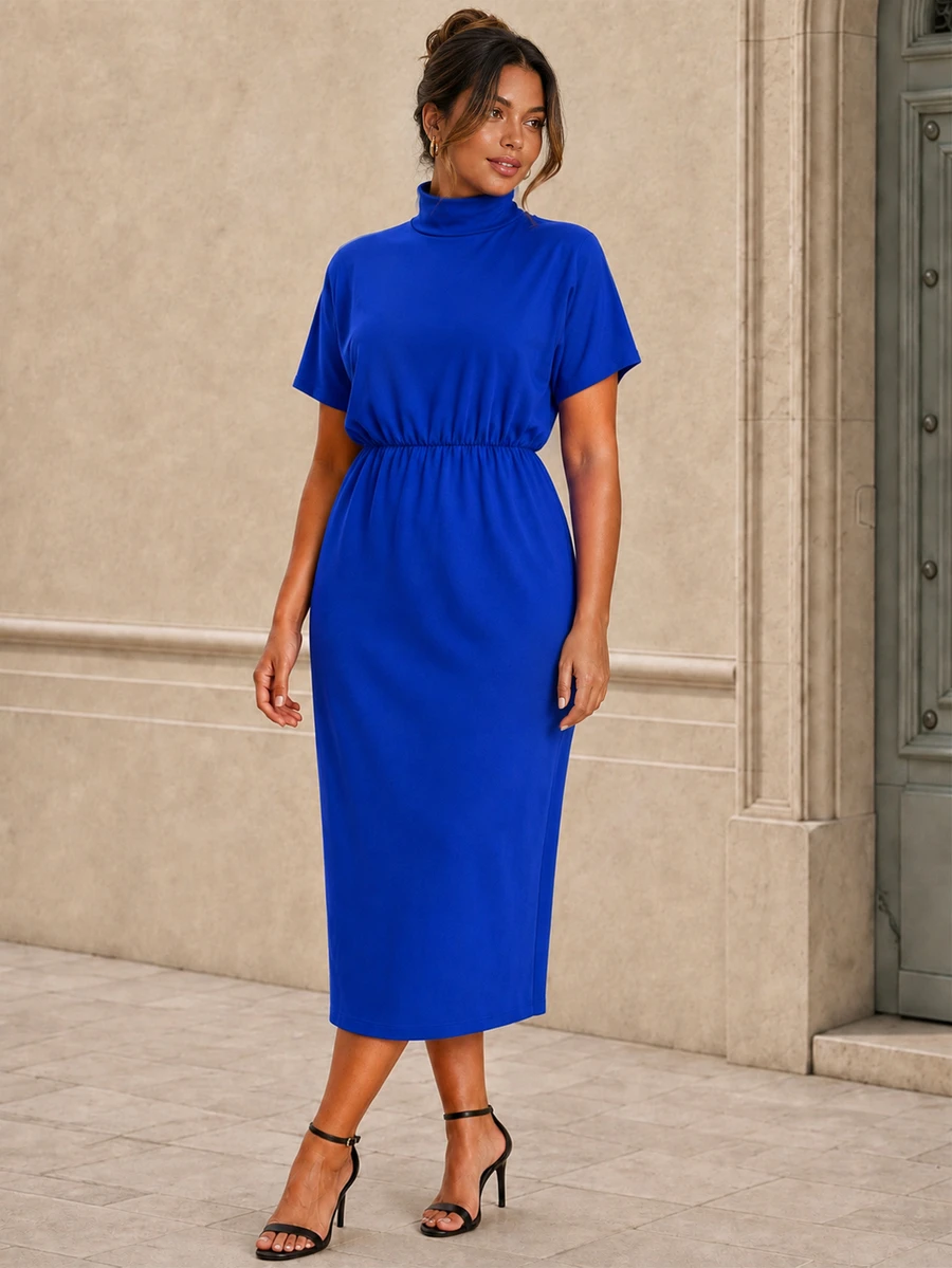 ELLERISSA Plus Size Blue High Neck Short Sleeve Elastic Waist Midi Dress - Blue - View 1