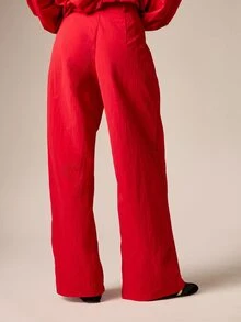AiiRZ Wide Leg High Rise Pleated Casual Pants In Crinkle Nylon With Side Pockets Full Length Relaxed Fit Trousers - Red - View 2