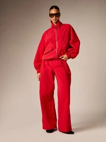 AiiRZ Wide Leg High Rise Pleated Casual Pants In Crinkle Nylon With Side Pockets Full Length Relaxed Fit Trousers - Red - View 3