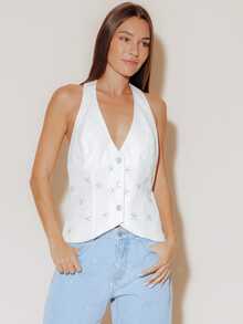 Pimkie Edition Women's Denim Top Studded Detail Sleeveless V Neck, Fitted Corset Style, Summer Wear - White - View 1