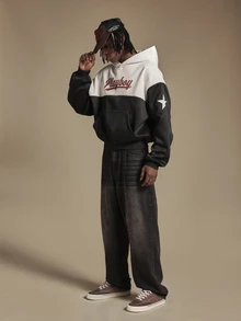PLAYBOY X SUMWON Oversized Color Block Hoodie With Bunny Logo Back Print And Script Text Chest Graphic Long Sleeve Pullover - Black and White - View 3