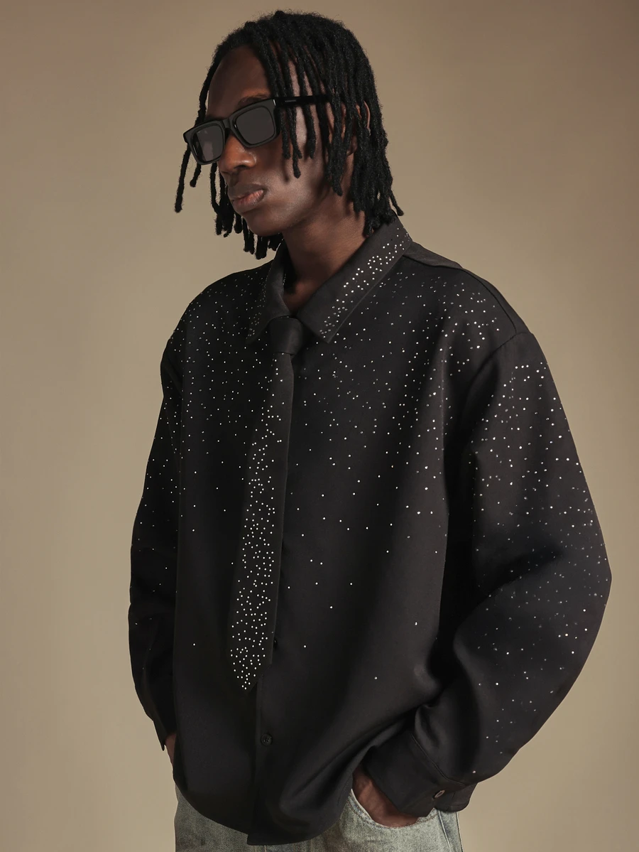 SUMWON Oversized Black Long Sleeve Button Front Collared Shirt With Scattered Rhinestone Crystal Embellishments Perfect For Night Out Party - Black - View 1