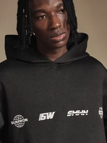 SUMWON Racing Graphic Oversized Hoodie With Number 9 Back Print And Logo Sleeve Detail Streetwear Pullover - Black - View 6