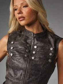 MISSGUIDED Distressed Faux Leather Sleeveless Vest With Front Zip Closure Silver Stud Embellishments High Neck Biker Moto Style Crop Top - Black - View 5