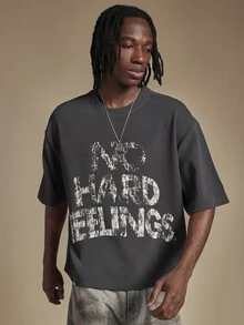 SUMWON Oversized Crew Neck Short Sleeve T-Shirt With Distressed No Hard Feelings Slogan Print Perfect For Casual Everyday Summer Street Style Looks - Dark Grey - View 1