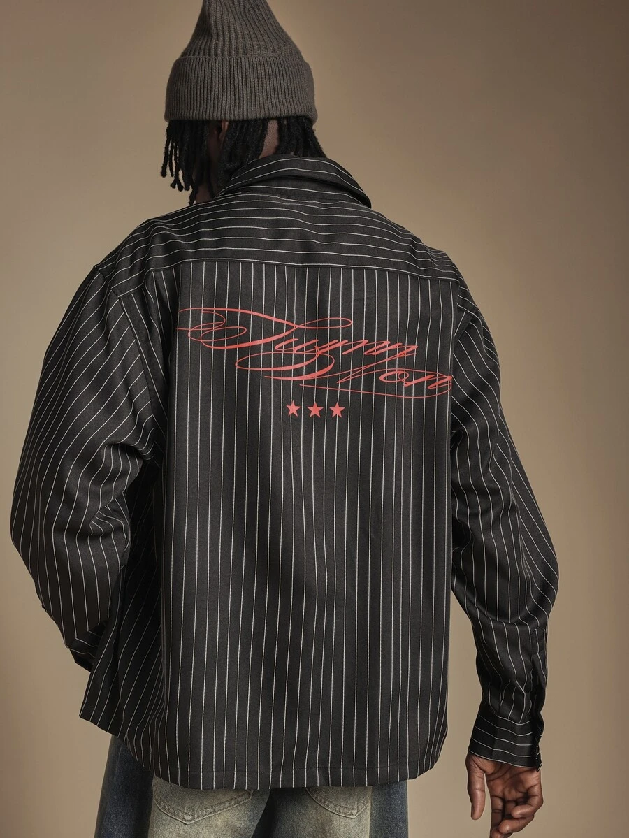 SUMWON Oversized Pinstripe Long Sleeve Button-Up Shirt With Chest Pocket And Script Logo Back Graphic Detail - Black - View 1