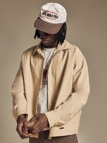 SUMWON Oversized Coach Jacket Snap Button Long Sleeve Collared Overshirt Drop Shoulder Casual Layering Piece For Fall Winter - Khaki - View 1