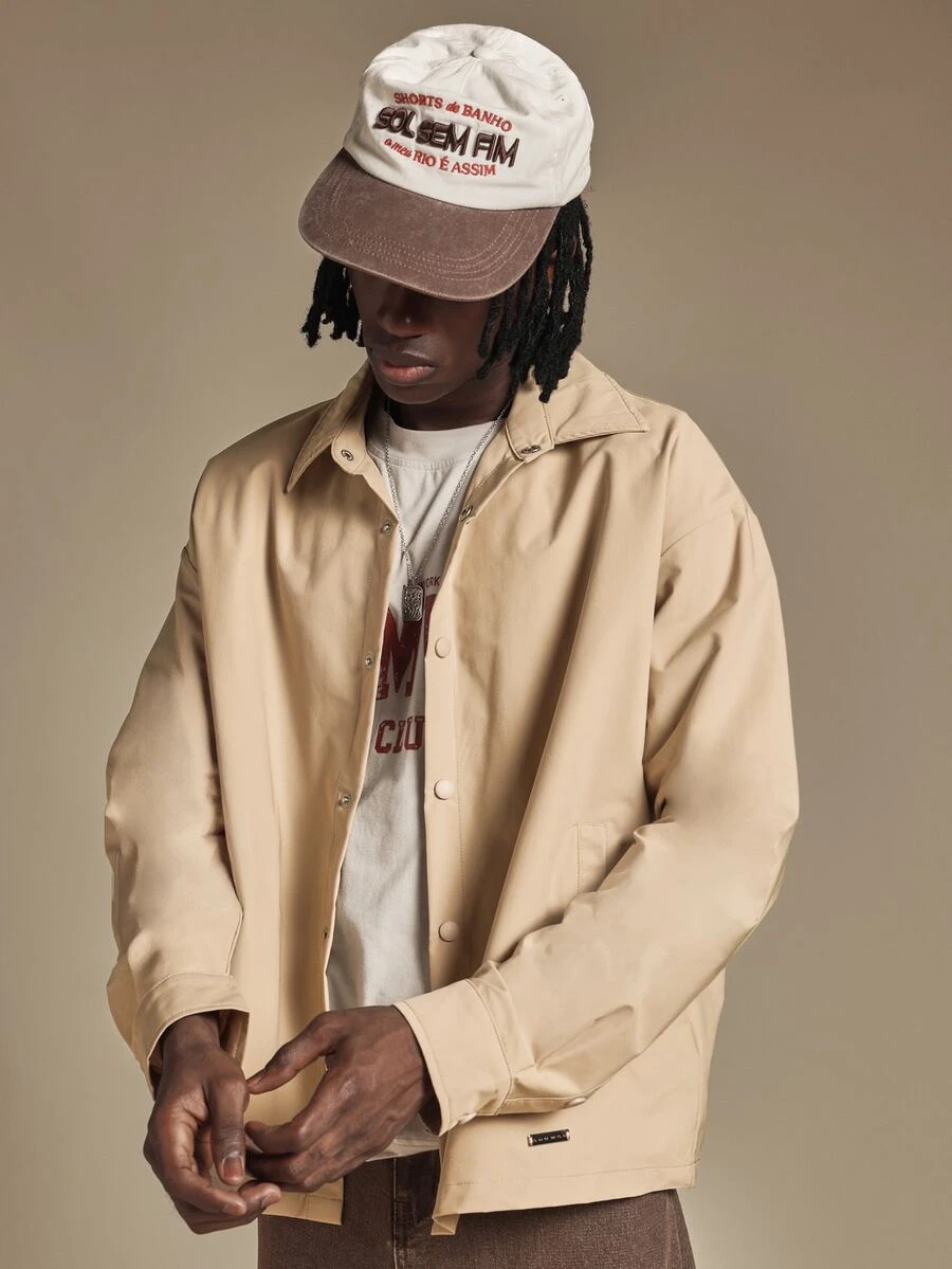 SUMWON Oversized Coach Jacket Snap Button Long Sleeve Collared Overshirt Drop Shoulder Casual Layering Piece For Fall Winter - Khaki - View 1
