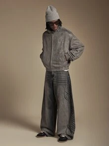 SUMWON Wide Leg Baggy Jeans With Cursive Script Leg Print Vintage Washed Denim Pants Oversized Fit Fall Winter Streetwear - Blue - View 3