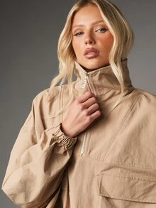 MISSGUIDED Oversized Half-Zip Pullover Jacket With Stand Collar Flap Patch Pockets And Elasticated Cuffs Casual Outerwear For Autumn Winter - Khaki - View 5