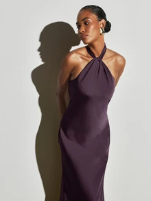 KSTM Satin Spaghetti Strap Dress With Twisted Knot Detail Sleeveless Backless Floor Length Slip Gown For Evening Party Wedding Guest - Purple - View 2