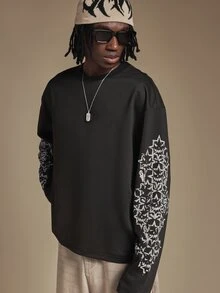 SUMWON Oversized Long-Sleeve Tee With Abstract Star Graffiti Sleeve Print Crew Neck Drop Shoulder Relaxed Fit Top - Black - View 6