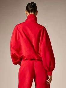 AiiRZ Oversized Windbreaker Jacket With Stand Collar Full Zip Closure Elasticated Cuffs And Patch Pocket Lightweight Outerwear For Fall Winter - Red - View 2
