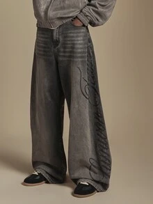 SUMWON Wide Leg Baggy Jeans With Cursive Script Leg Print Vintage Washed Denim Pants Oversized Fit Fall Winter Streetwear - Blue - View 1