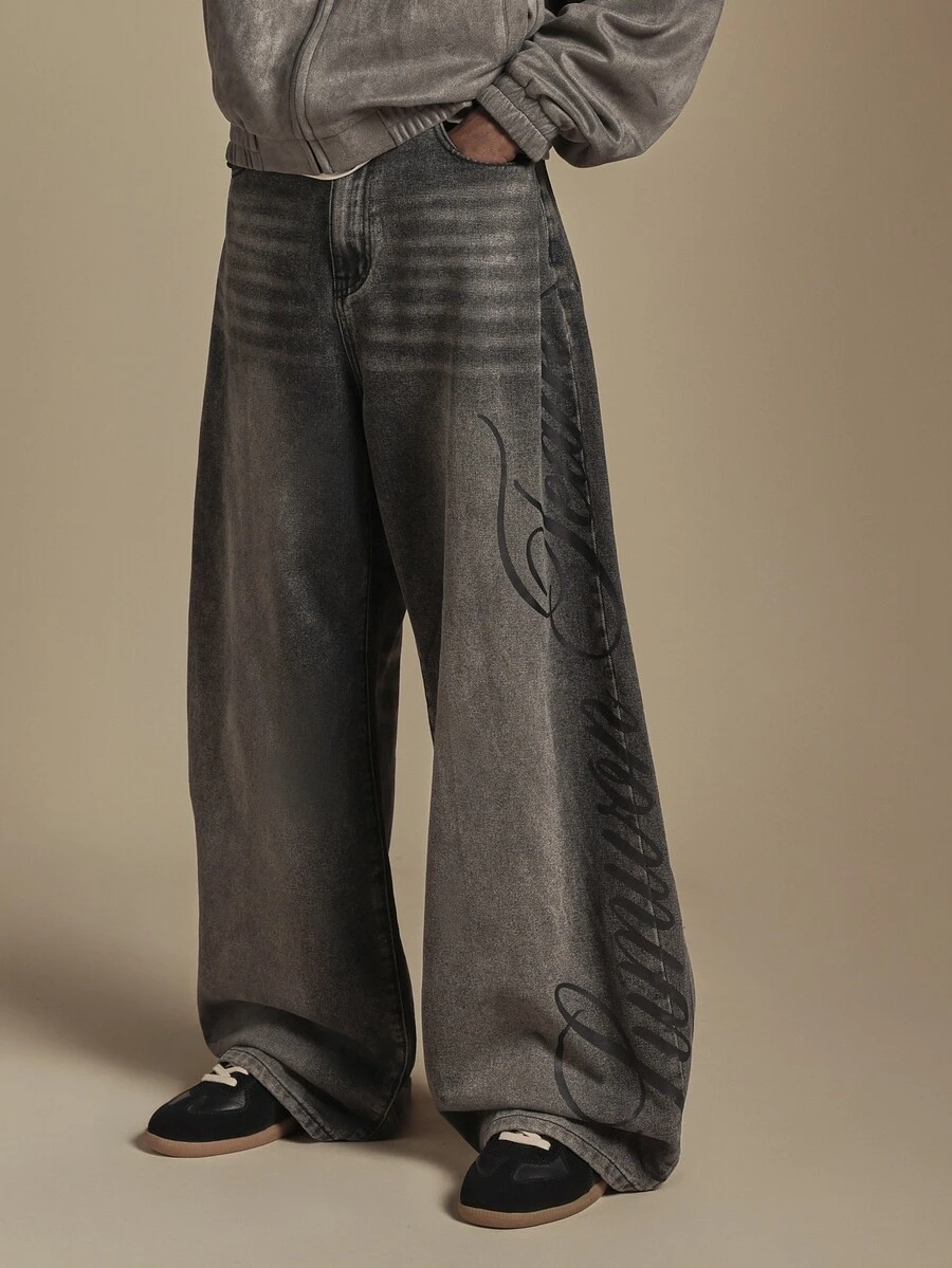 SUMWON Wide Leg Baggy Jeans With Cursive Script Leg Print Vintage Washed Denim Pants Oversized Fit Fall Winter Streetwear - Blue - View 1