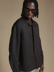 SUMWON Oversized Black Long Sleeve Button Front Collared Shirt With Scattered Rhinestone Crystal Embellishments Perfect For Night Out Party - Black - View 7