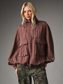 MISSGUIDED Oversized Striped High Neck Zip-Up Blouse With Puff Sleeves And Cargo Pockets Fall Winter Statement Top - Coffee Brown - View 1