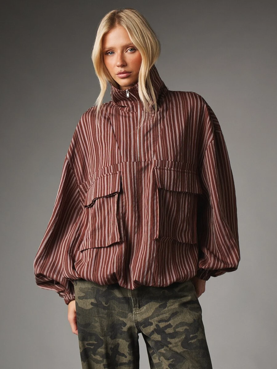 MISSGUIDED Oversized Striped High Neck Zip-Up Blouse With Puff Sleeves And Cargo Pockets Fall Winter Statement Top - Coffee Brown - View 1
