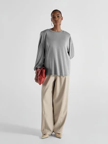 KSTM Atasan lengan panjang longgar berkerah bulat dengan manset berkerut mengembang, potongan santai, kasual, model panjang, berbahan jersey, penting untuk musim semi. - Grey - View 3