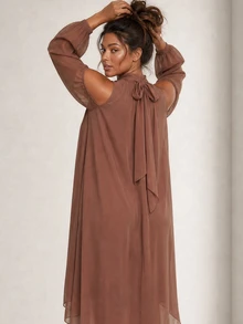 ELLERISSA Plus Size Coffee Brown Mock Neck Cold Shoulder Long Sleeve High Low Chiffon Dress Fall - Coffee Brown - View 2