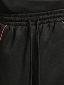 SUMWON Wide Leg Track Pants With Red Contrast Piping And Logo Print Curved Panel Detail Elastic Waistband Full Length - Black - View 6